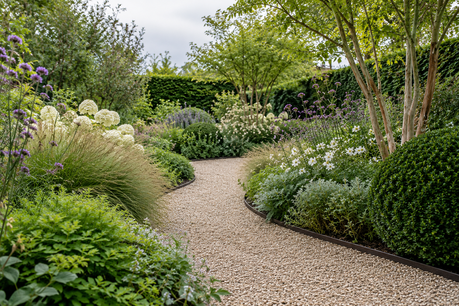 Inspiratie voor een tuin met een licht betegeld terras, grind en groene borders
