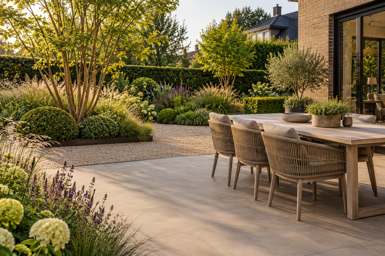 Inspiratie voor een licht tegelterras met een nette overgang naar grind en beplanting